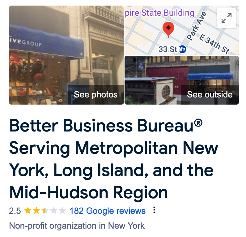 A screenshot of a Google My Business (GMB) profile displaying the business name “Better Business Bureau® Serving Metropolitan New York, Long Island, and the Mid-Hudson Region.” The name does not follow Google’s guidelines because it includes unnecessary location descriptors and a trademark symbol, which could lead to rejection or edits by Google.