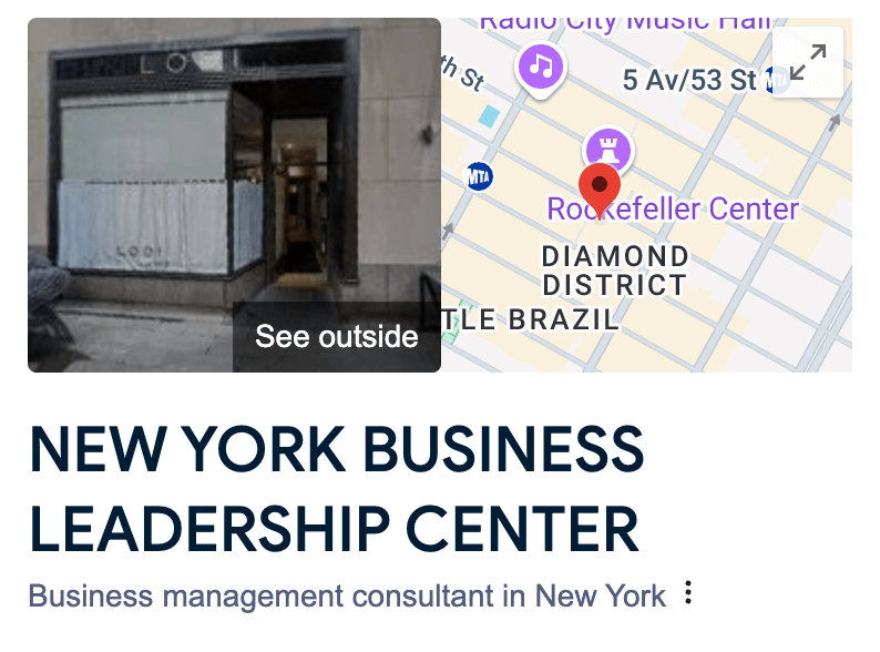 A screenshot of a Google My Business (GMB) profile displaying the business name “NEW YORK BUSINESS LEADERSHIP CENTER.” The name may violate Google’s guidelines due to excessive capitalization and keyword stuffing. Google typically requires proper capitalization unless it’s the official registered name.